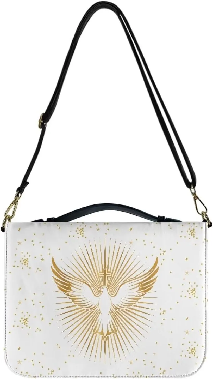 Bird Bible Book Cover for Women Girls, Leather Bible Carrying Case with Shoulder Strap, Lightweight Bible Tote Bag with Pen Slots, Large Bible Accessories with Pocket, White, L