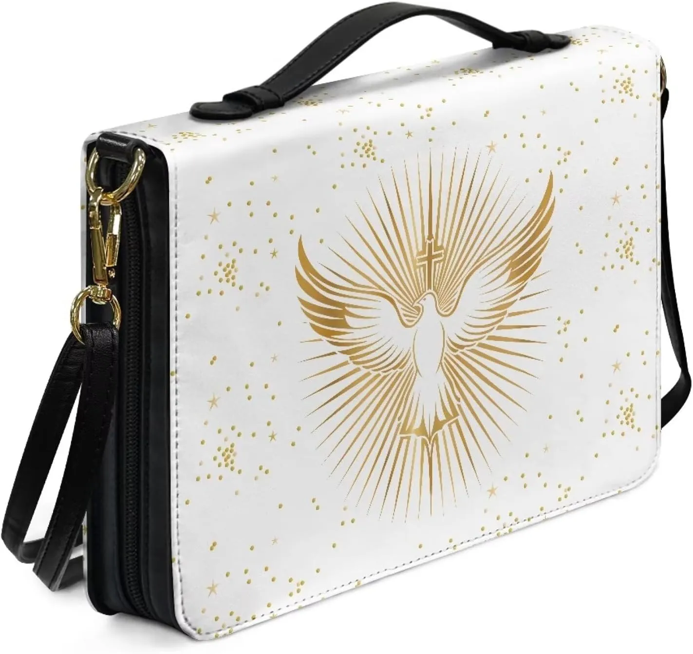 Bird Bible Book Cover for Women Girls, Leather Bible Carrying Case with Shoulder Strap, Lightweight Bible Tote Bag with Pen Slots, Large Bible Accessories with Pocket, White, L
