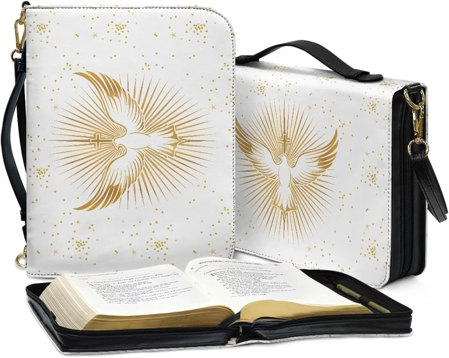 Bird Bible Book Cover for Women Girls, Leather Bible Carrying Case with Shoulder Strap, Lightweight Bible Tote Bag with Pen Slots, Large Bible Accessories with Pocket, White, L