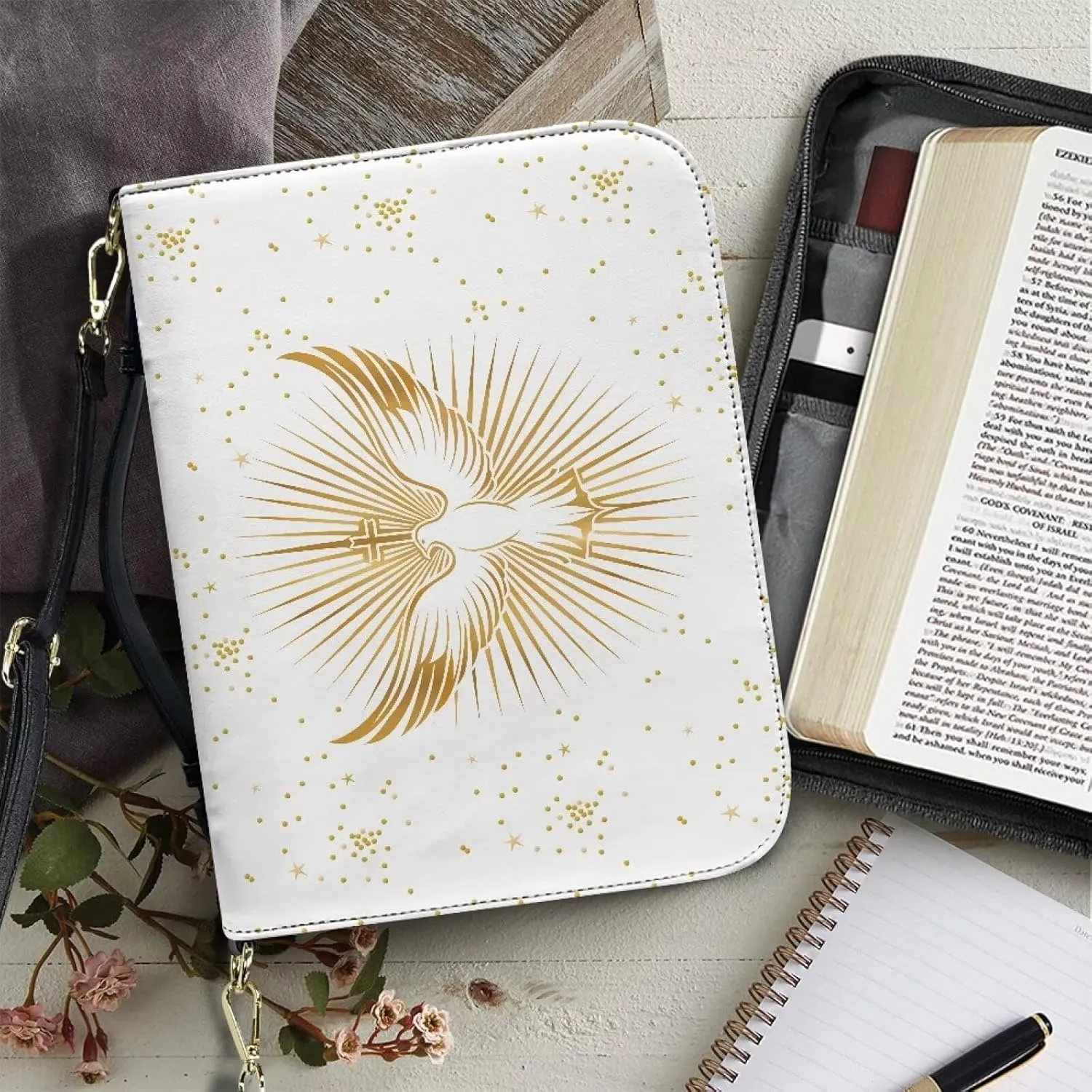 Bird Bible Book Cover for Women Girls, Leather Bible Carrying Case with Shoulder Strap, Lightweight Bible Tote Bag with Pen Slots, Large Bible Accessories with Pocket, White, L