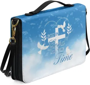 Bird Bible Tote Bag for Women Girls, Leather Bible Case with Shoulder Strap, Large Bible Holder with Handle, Bible Cover for Christian Gifts (God is Good All The Time), Blue and White, L