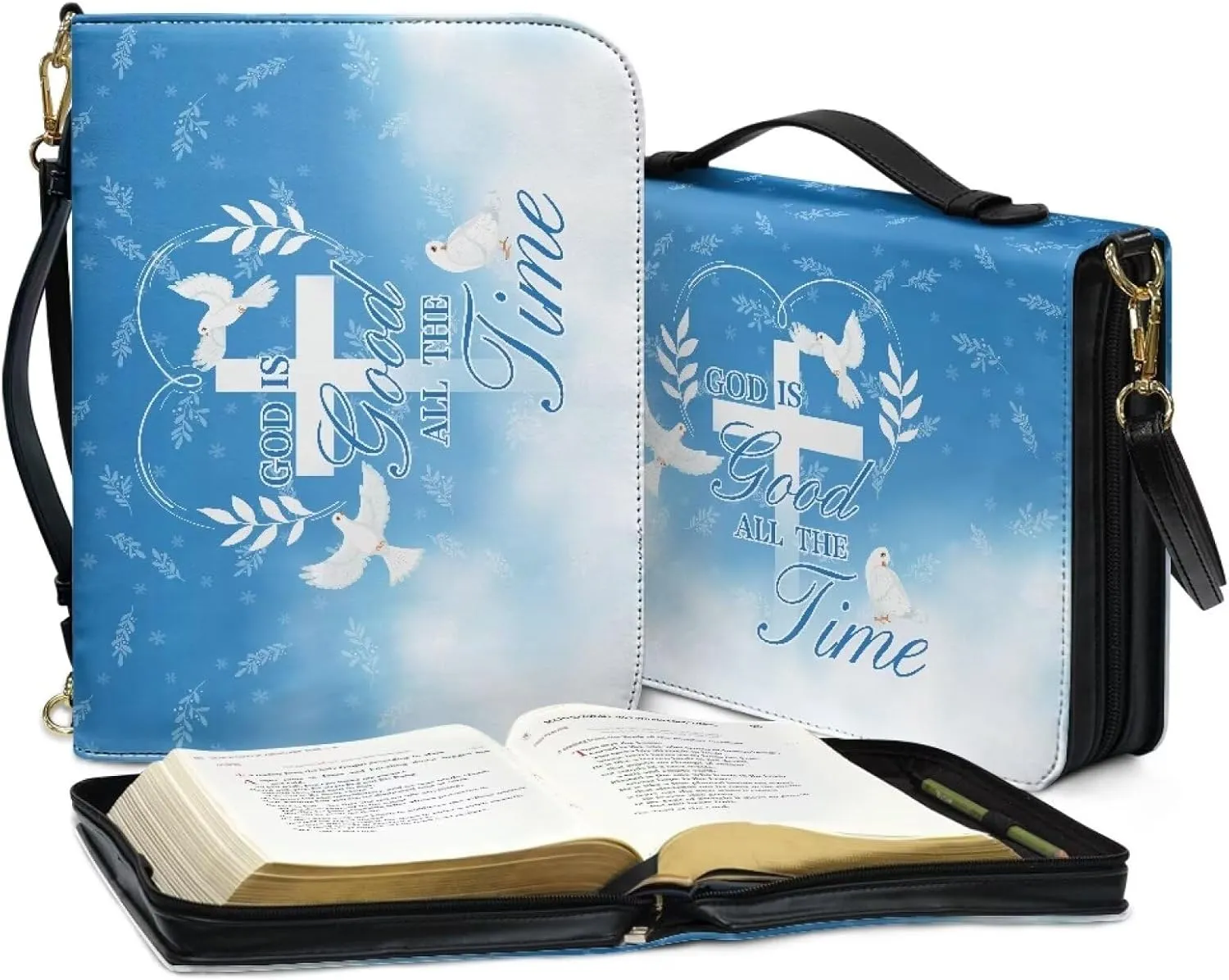 Bird Bible Tote Bag for Women Girls, Leather Bible Case with Shoulder Strap, Large Bible Holder with Handle, Bible Cover for Christian Gifts (God is Good All The Time), Blue and White, L