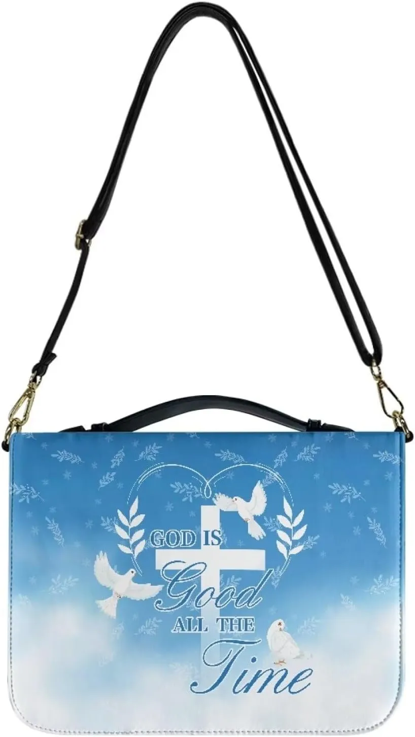Bird Bible Tote Bag for Women Girls, Leather Bible Case with Shoulder Strap, Large Bible Holder with Handle, Bible Cover for Christian Gifts (God is Good All The Time), Blue and White, L