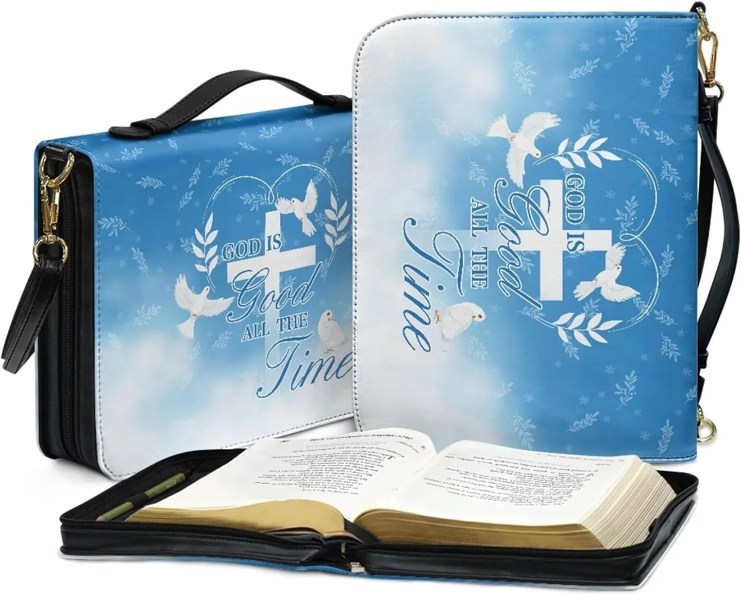 Bird Bible Tote Bag for Women Girls, Leather Bible Case with Shoulder Strap, Large Bible Holder with Handle, Bible Cover for Christian Gifts (God is Good All The Time), Blue and White, L