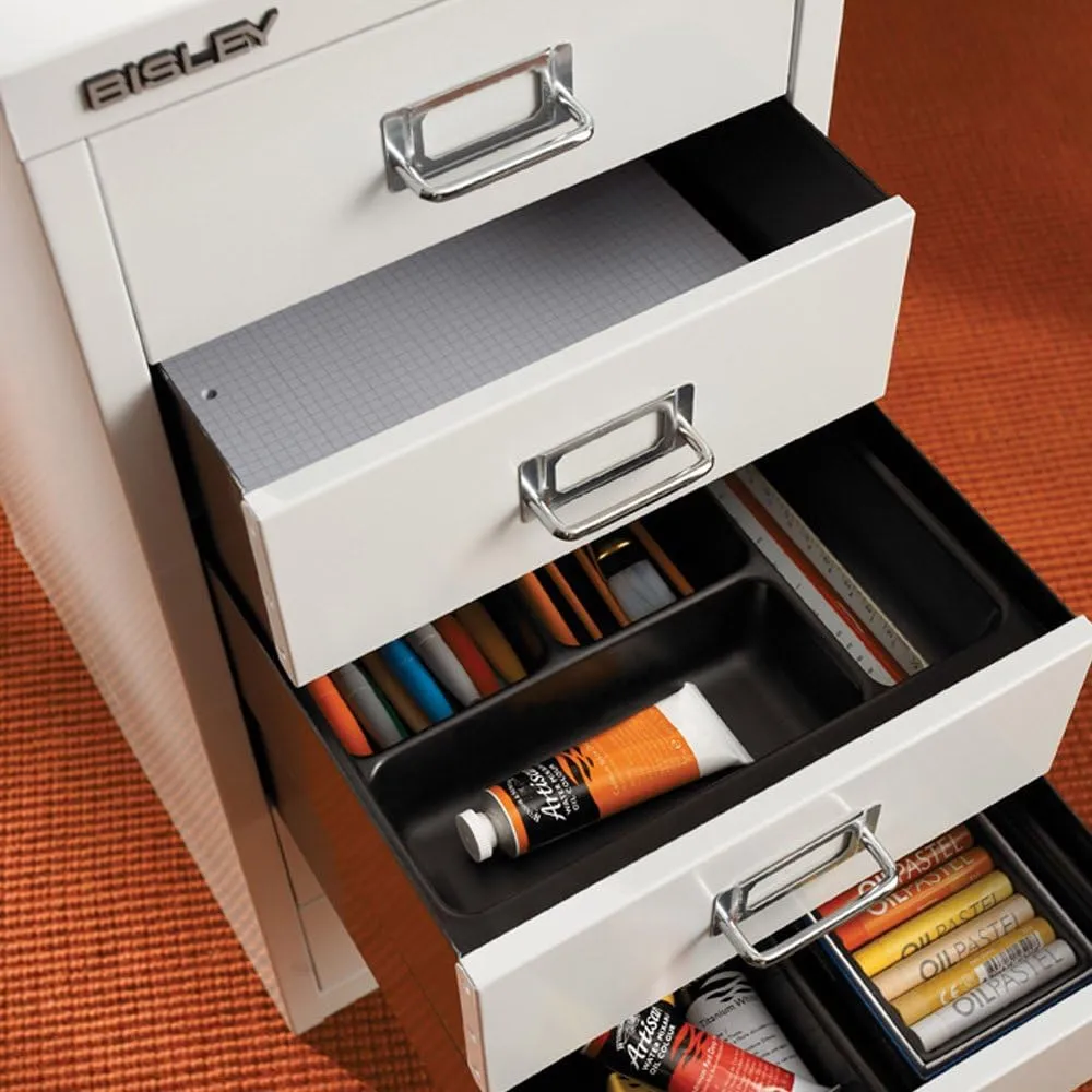 Bisley 5-Drawer Steel MultiDrawer Cabinet - Light Grey, Chrome Pull Handles with Label Holders, Powder-Coated Steel, Removable Drawers, Desktop Storage, Labels Included