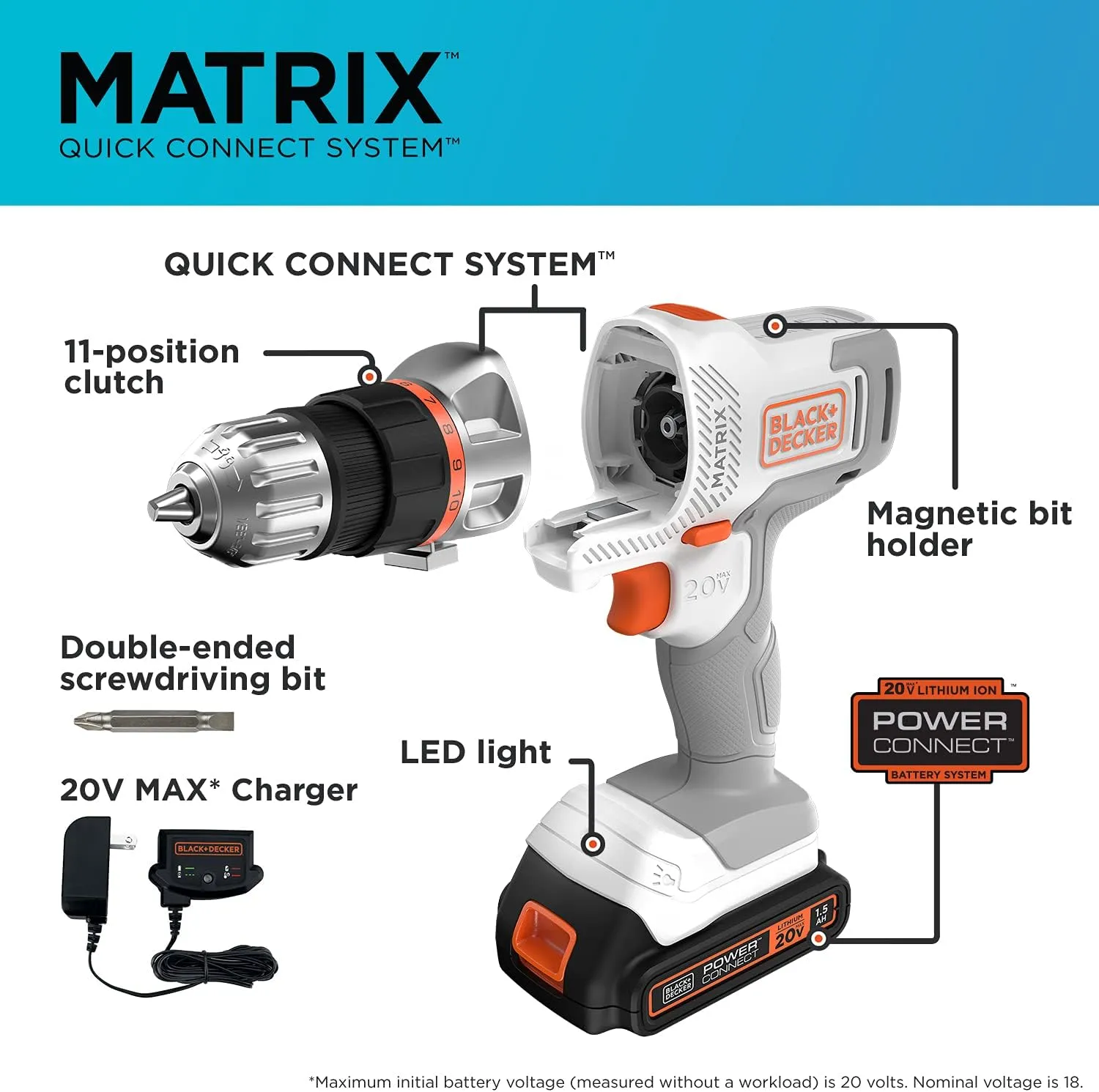 BLACK DECKER 20V MAX Matrix Cordless Drill/Driver Kit, White (BDCDMT120WC1FF)