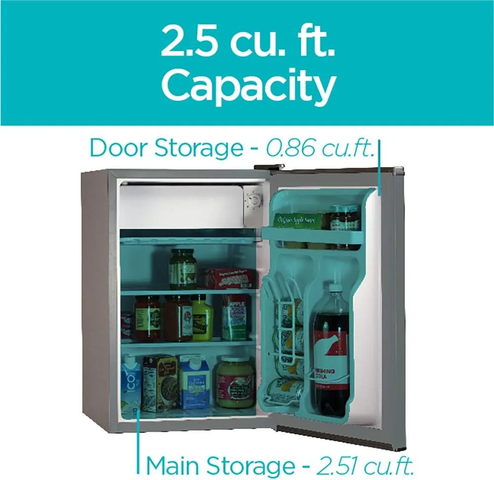 BLACK DECKER 2.5 Cu. Ft. Compact Refrigerator, ENERGY STAR Certified Small Refrigerator, Single Door Mini Fridge with Freezer, Personal Fridge for Home/Dorm Room, R600a Refrigerant, VCM Stainless Look