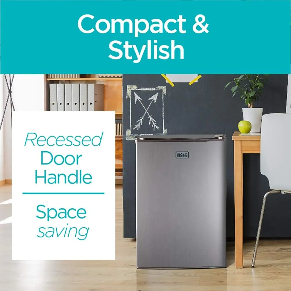 BLACK DECKER 2.5 Cu. Ft. Compact Refrigerator, ENERGY STAR Certified Small Refrigerator, Single Door Mini Fridge with Freezer, Personal Fridge for Home/Dorm Room, R600a Refrigerant, VCM Stainless Look