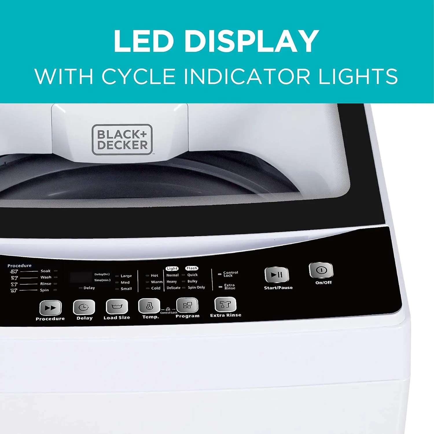 BLACK DECKER Small Portable Washer, Washing Machine for Household Use, Portable Washer 1.7 cu.Ft with 10 Cycles, Transparent Lid & LED Display