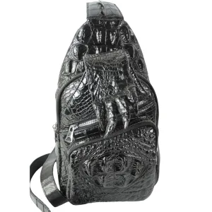 Black Luxury Crocodile Genuine Horn Leather Skin Men Alligator Crossbody Bag, Gift For Him