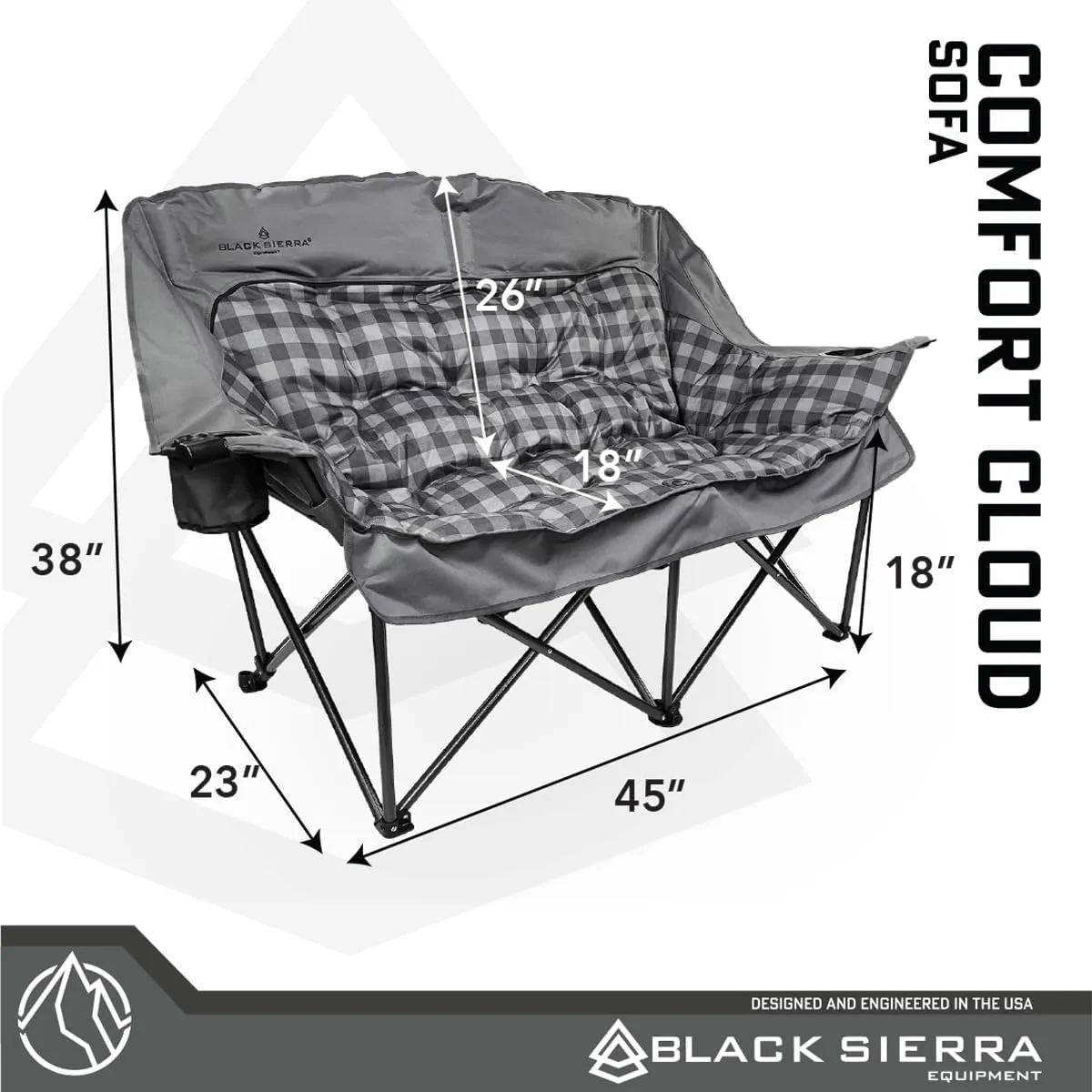 Black Sierra Double Camping Chair for Adults, Oversized Folding Loveseat Supports 600 lbs, Plush Padded Outdoor Couch with Cup Holders and Carry Bag for Beach, Patio, RV, or Tailgating Events