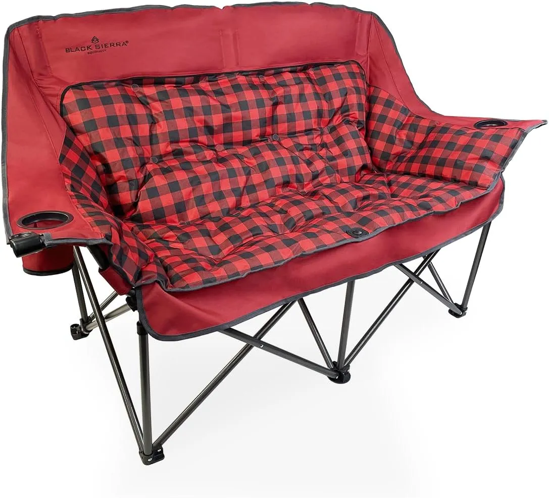 Black Sierra Double Camping Chair for Adults, Oversized Folding Loveseat Supports 600 lbs, Plush Padded Outdoor Couch with Cup Holders and Carry Bag for Beach, Patio, RV, or Tailgating Events