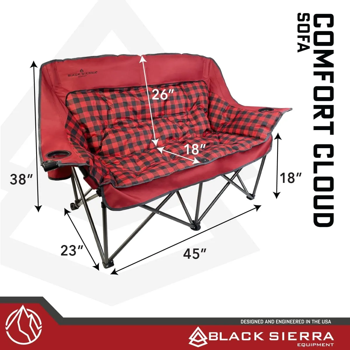 Black Sierra Double Camping Chair for Adults, Oversized Folding Loveseat Supports 600 lbs, Plush Padded Outdoor Couch with Cup Holders and Carry Bag for Beach, Patio, RV, or Tailgating Events