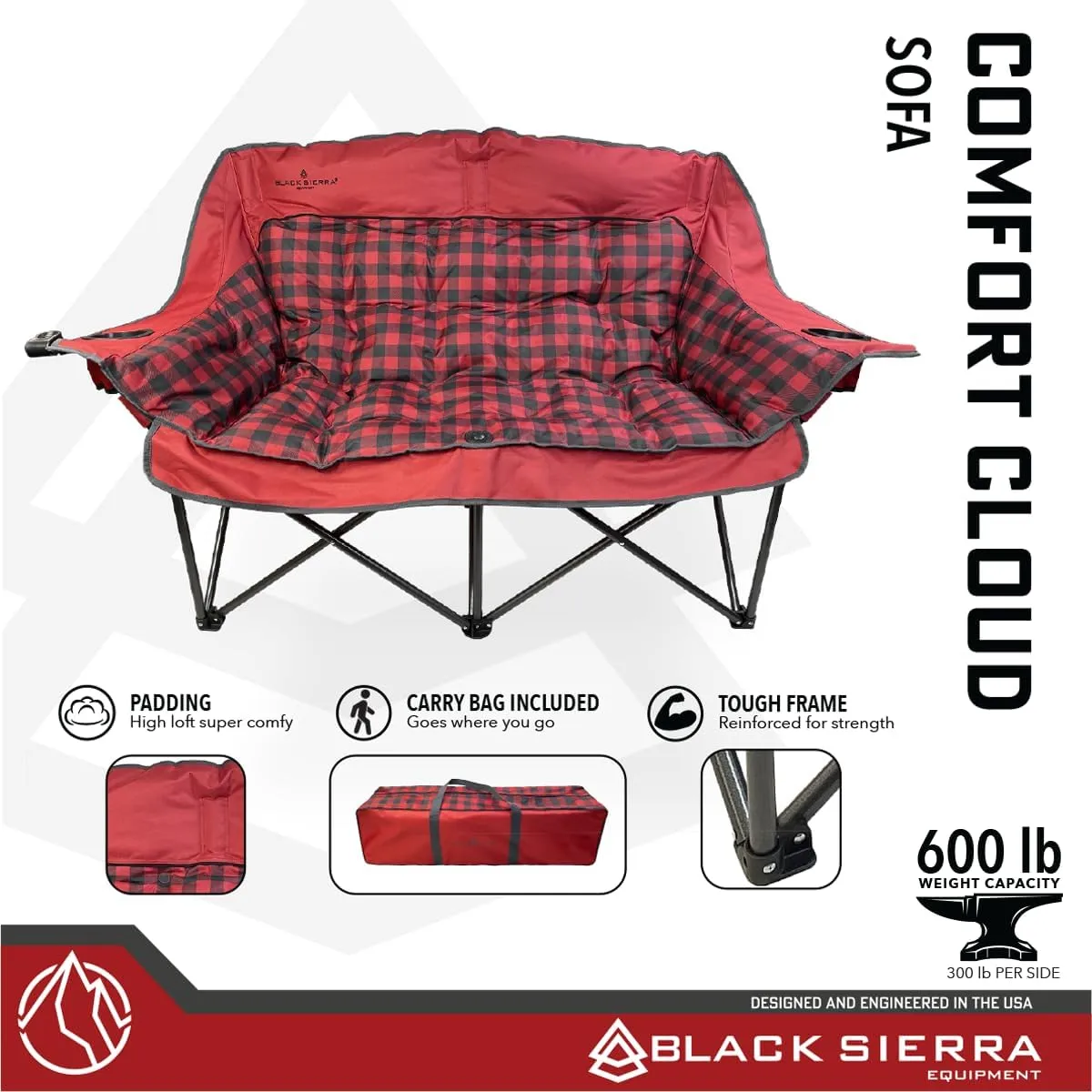 Black Sierra Double Camping Chair for Adults, Oversized Folding Loveseat Supports 600 lbs, Plush Padded Outdoor Couch with Cup Holders and Carry Bag for Beach, Patio, RV, or Tailgating Events