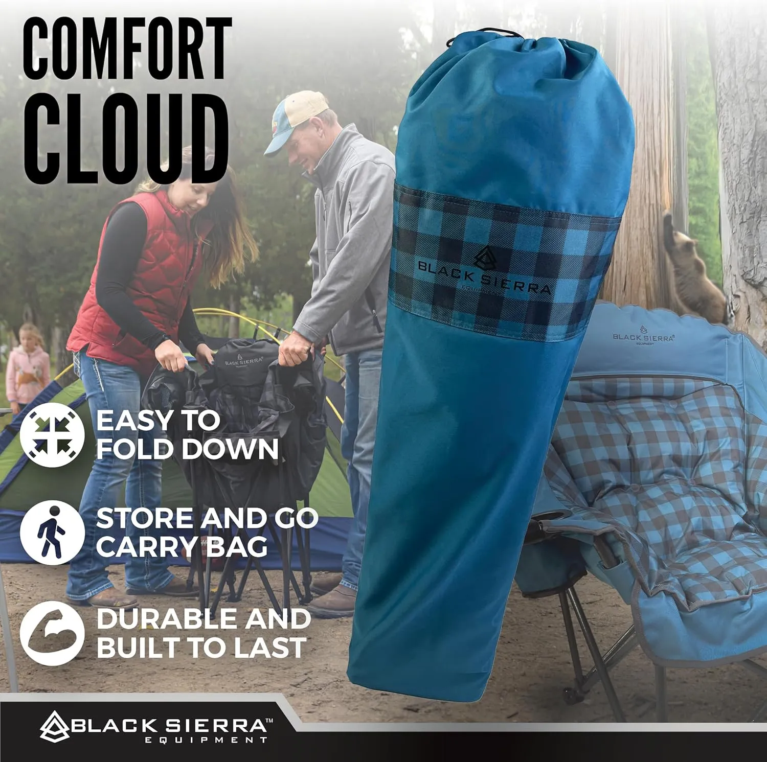 Black Sierra Plush Camping Chair for Sports & Outdoors, Oversize XL Outdoor Folding Chair Supports 400 lbs, Heavy Duty Lounge w/Cup Holders & Carry Bag Perfect for Tailgating, Patio