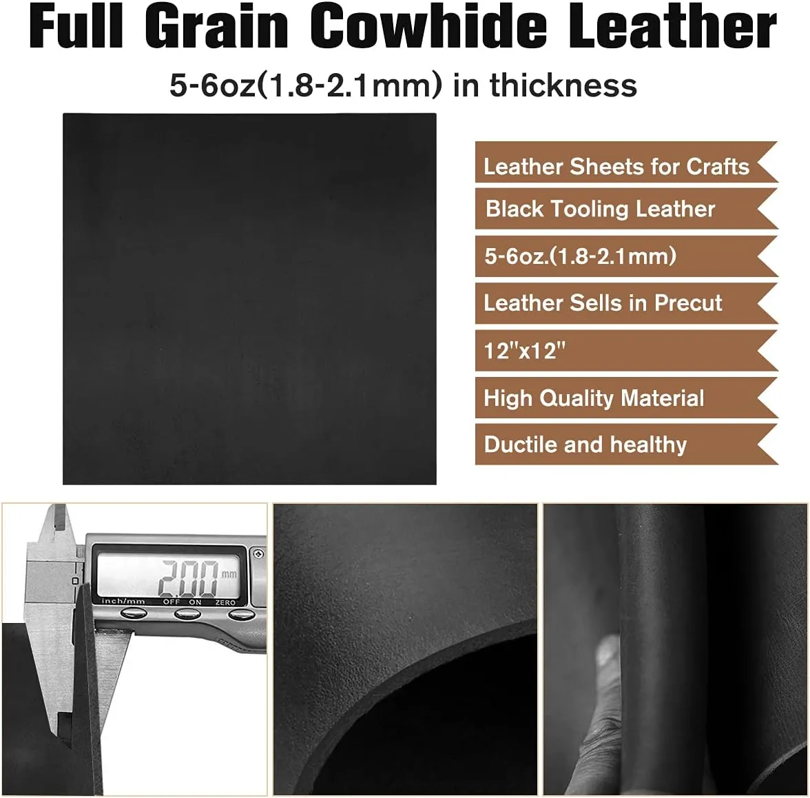 Black Tooling Leather Sheets Square 1.8-2.1mm Thick Genuine Cowhide Full Grain Leather Pieces for Crafts Sewing Hobby Workshop 12"x12"
