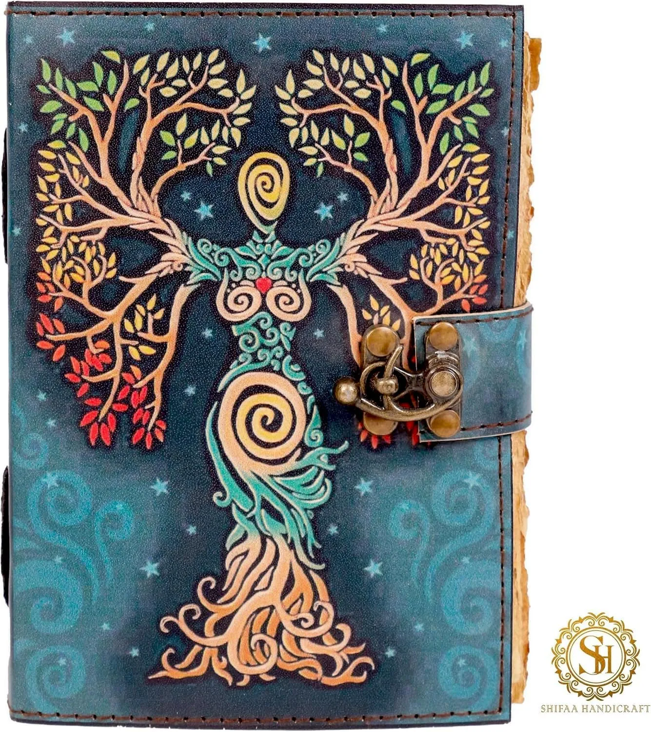 Blank Spell Book Of Shadows Journal With Lock Clasp Prop Vintage Handmade Leather Diary Embossed Prayer Pagan Antique Witchcraft Supplies Wiccan Notebook Daily Witch Gifts Mystic Greek Mythology Goddess (8x6)