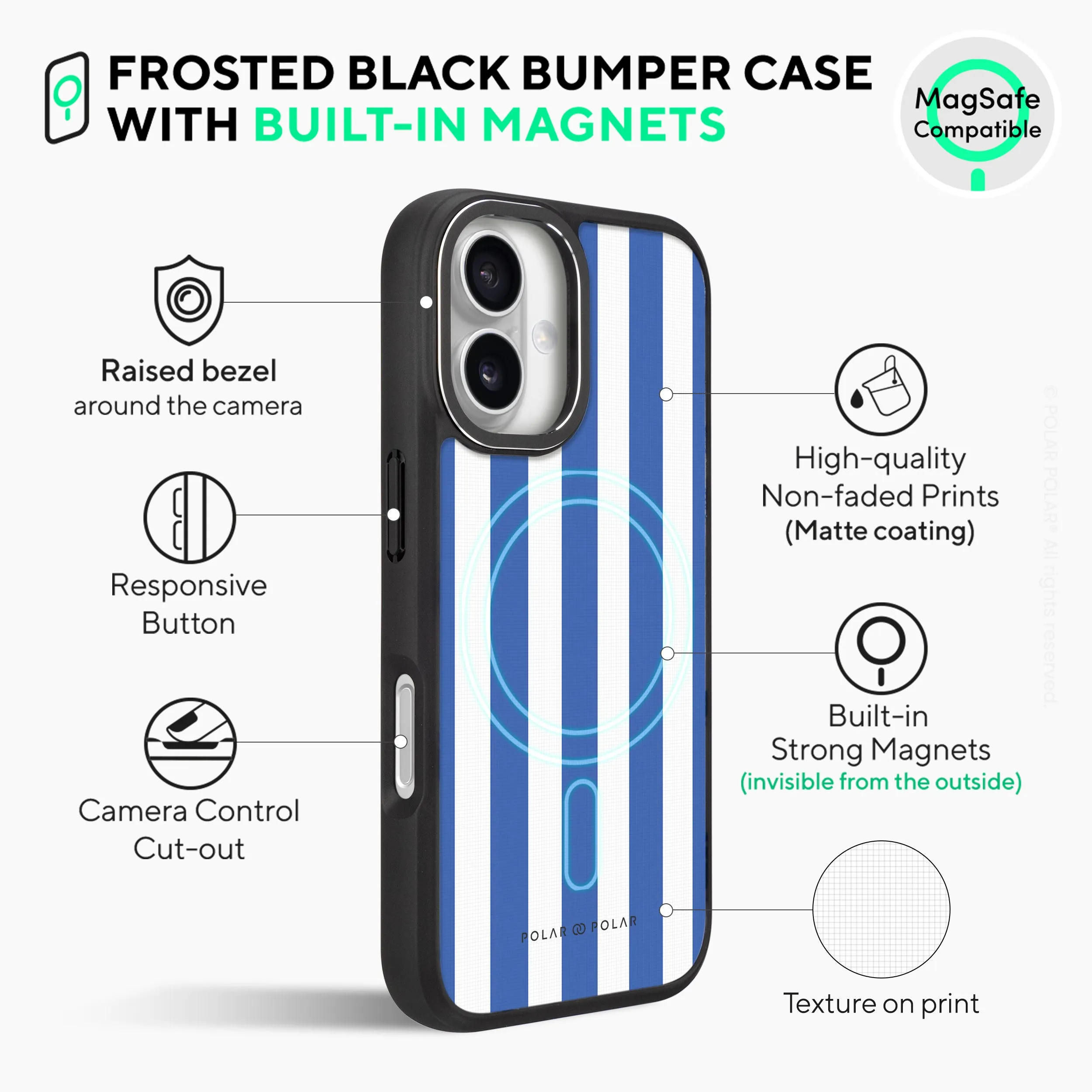 Blue Stripe - iPhone 16 Frosted Black Bumper MagSafe Case