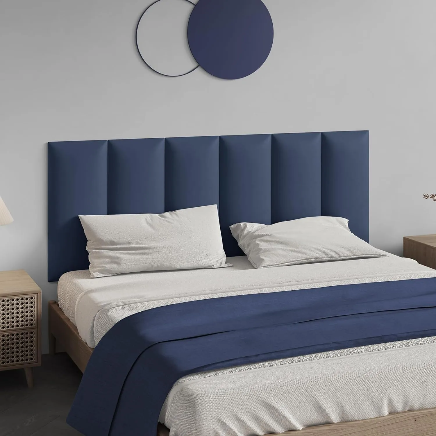 Blue Wall-Mounted Upholstered Headboard Panels, 24x12 Inches, Set of 6, Faux Leather, DIY Peel-and-Stick, Soundproof and Impact-Resistant Padding for Queen, King, or Adjustable Beds, Modern Décor