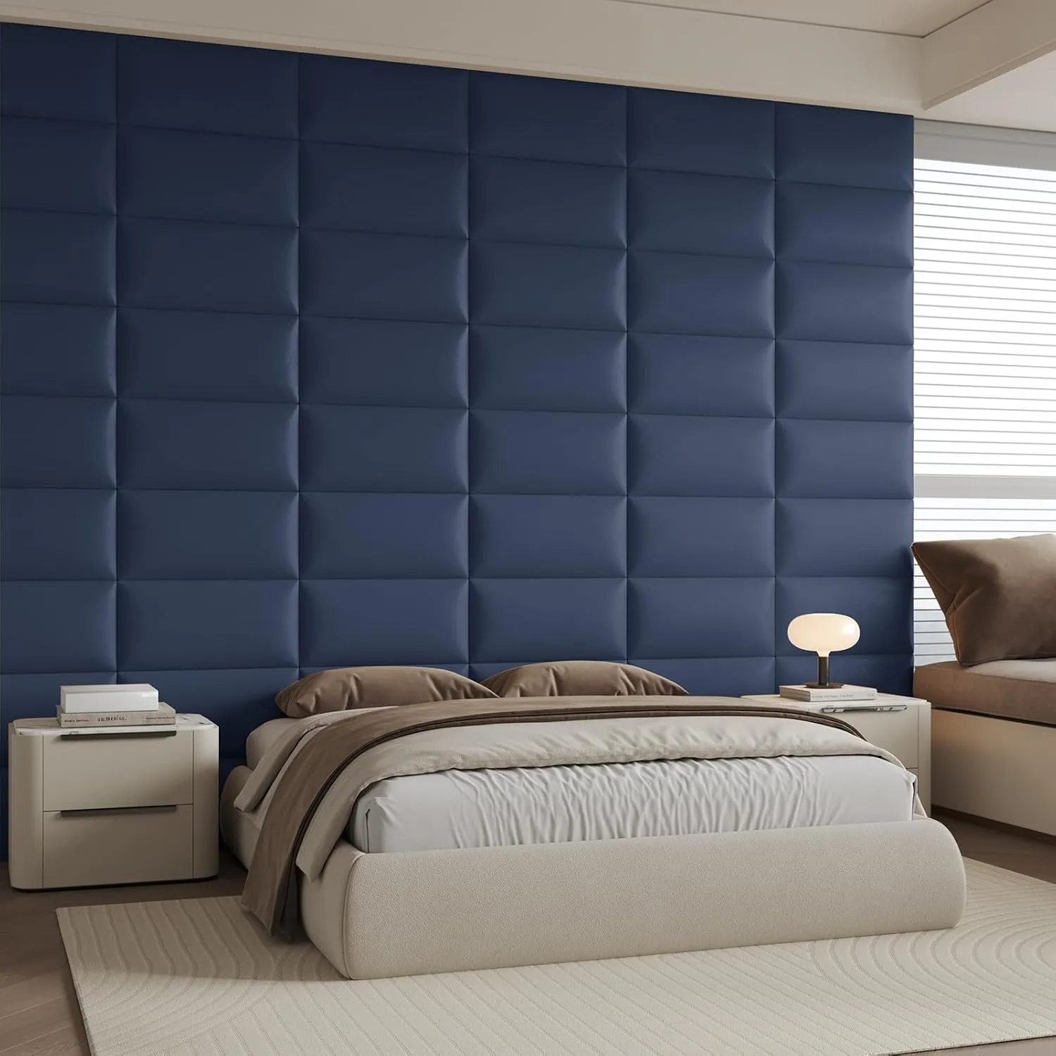 Blue Wall-Mounted Upholstered Headboard Panels, 24x12 Inches, Set of 6, Faux Leather, DIY Peel-and-Stick, Soundproof and Impact-Resistant Padding for Queen, King, or Adjustable Beds, Modern Décor