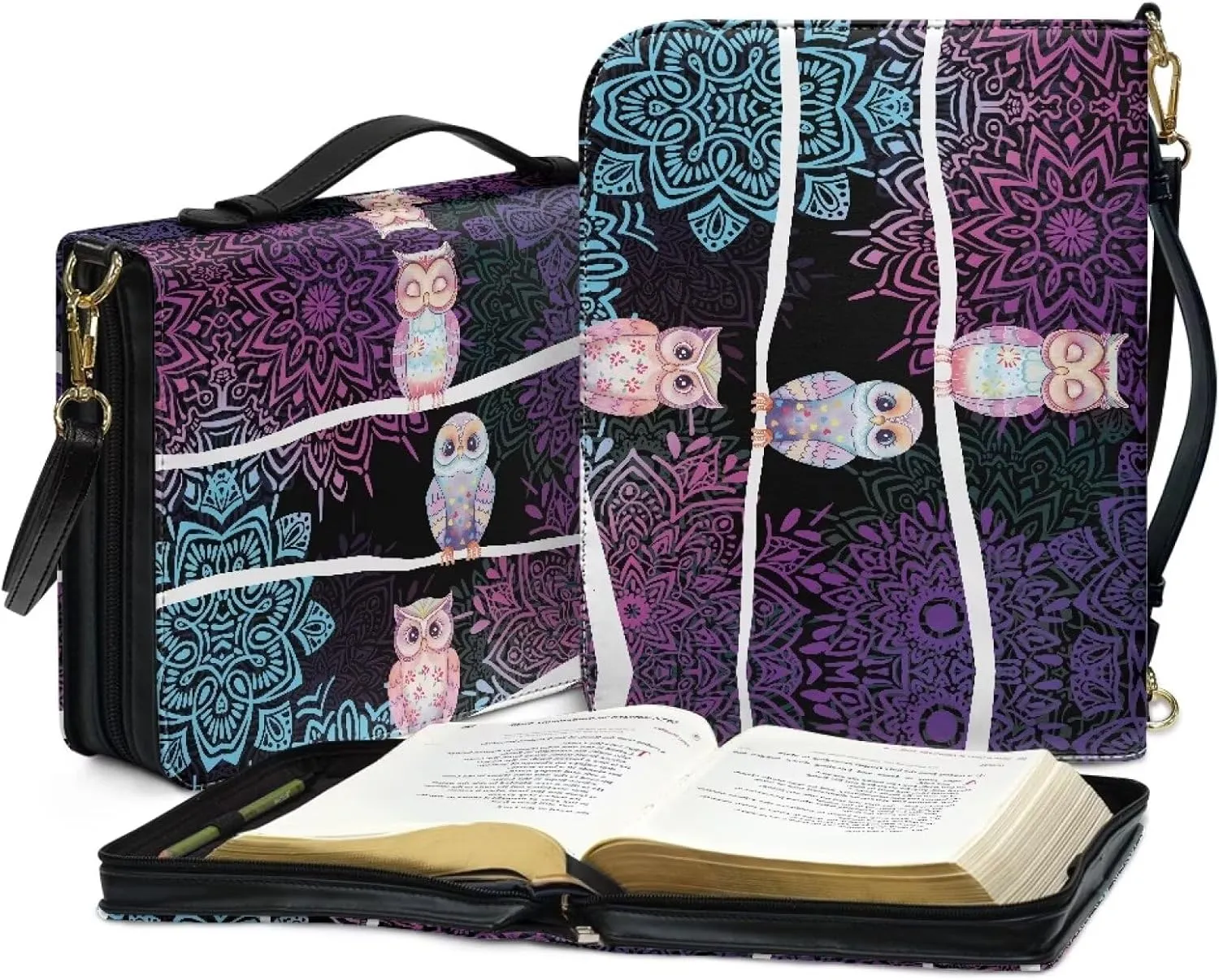 Bohemia Bible Carrying Case for Women Leather, Owl Large Bible Book Cover with Detachable Shoulder Strap, Lightweight Bible Tote Bag with Pen Slots, Christian Gift, Multicolor, L