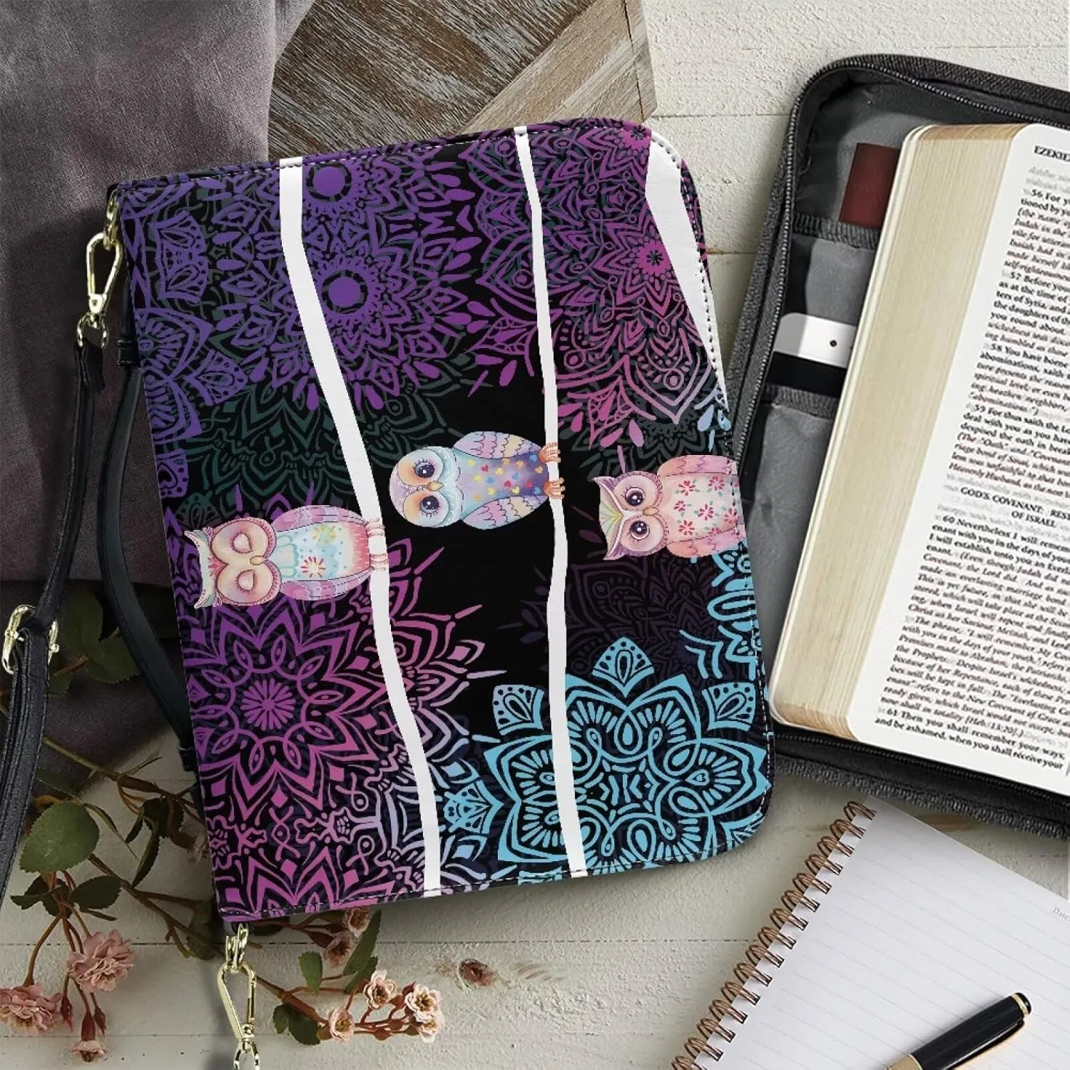 Bohemia Bible Carrying Case for Women Leather, Owl Large Bible Book Cover with Detachable Shoulder Strap, Lightweight Bible Tote Bag with Pen Slots, Christian Gift, Multicolor, L
