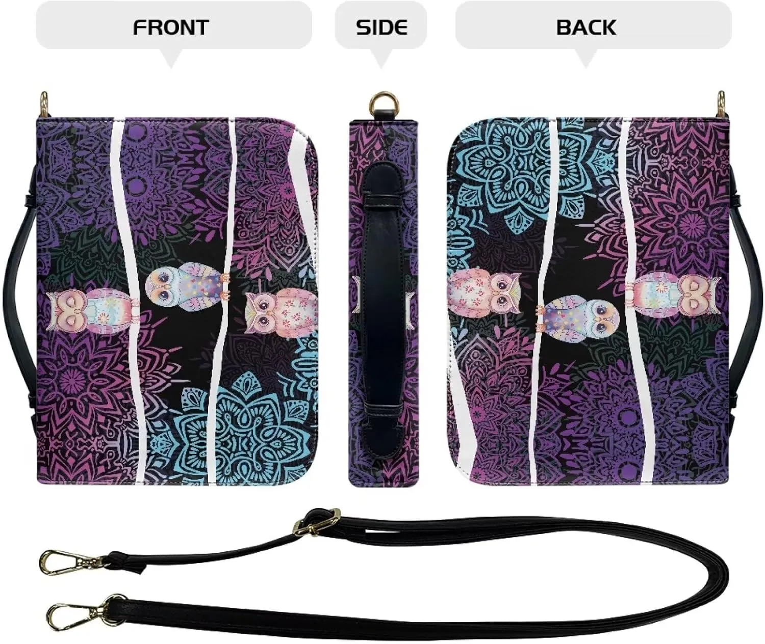 Bohemia Bible Carrying Case for Women Leather, Owl Large Bible Book Cover with Detachable Shoulder Strap, Lightweight Bible Tote Bag with Pen Slots, Christian Gift, Multicolor, L