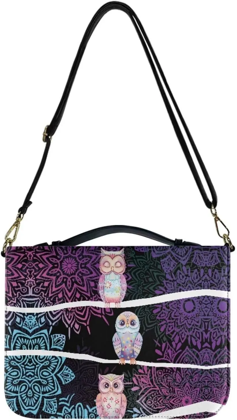 Bohemia Bible Carrying Case for Women Leather, Owl Large Bible Book Cover with Detachable Shoulder Strap, Lightweight Bible Tote Bag with Pen Slots, Christian Gift, Multicolor, L