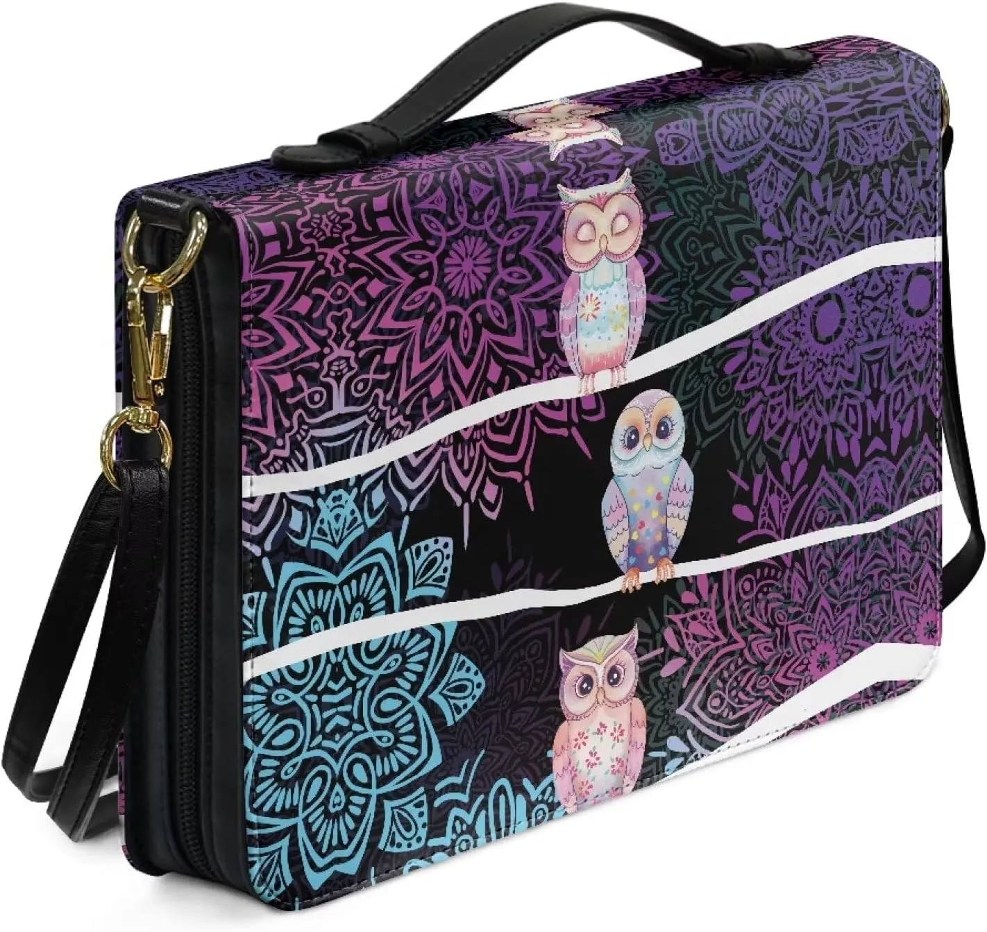 Bohemia Bible Carrying Case for Women Leather, Owl Large Bible Book Cover with Detachable Shoulder Strap, Lightweight Bible Tote Bag with Pen Slots, Christian Gift, Multicolor, L