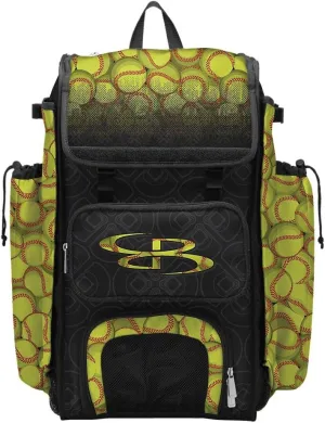 Boombah Catcher's Superpack Bat Bag 23-1/2" x 13-1/2" x 9-1/2" - Softball Black/Optic Yellow/Red - Holds 4 Bats - Backpack Version (no Wheels)