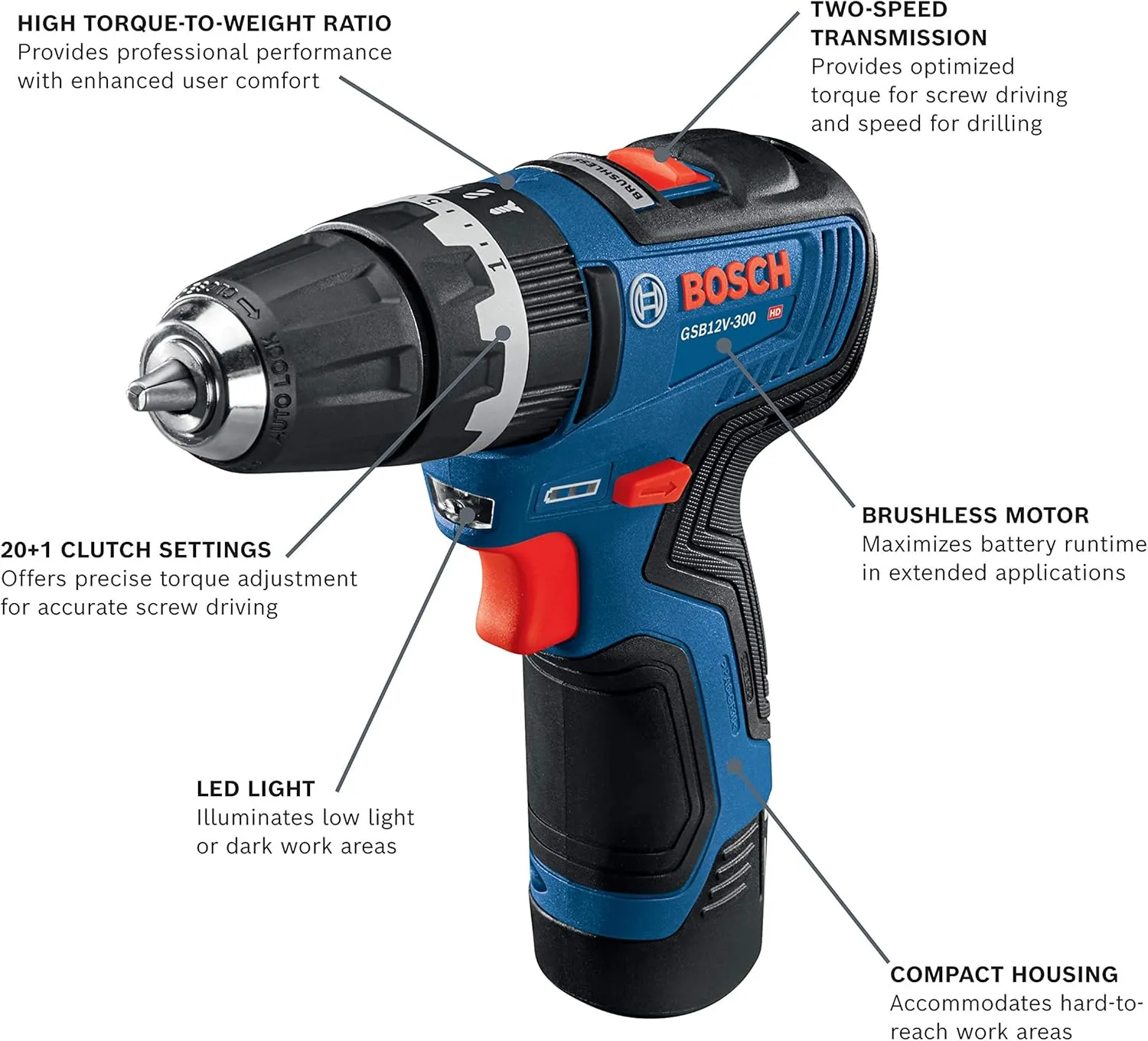 Bosch GSB12V-300B22 12V Max Brushless 3/8 In. Hammer Drill/Driver Kit with (2) 2.0 Ah Batteries