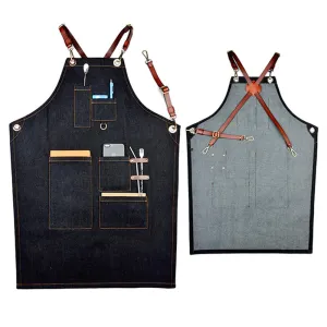 Boshiho Denim Jean Work Apron - Adjustable Bib Chef Apron Barber Apron - Utility Shop Tool Apron with Cross-back Leather Straps (A)