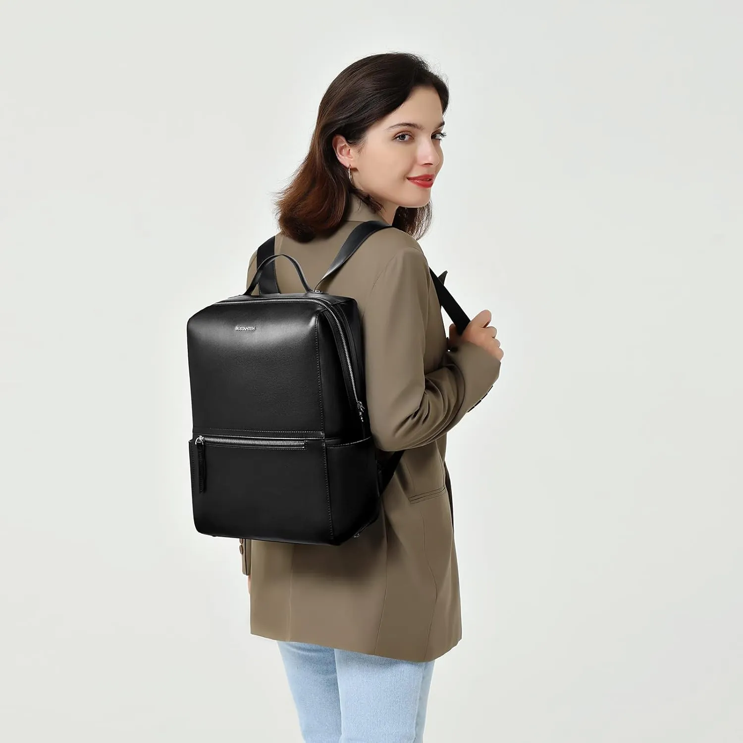 BOSTANTEN Leather Laptop Backpack for Women 15.6 inch Computer Bag Travel Work Daypack Large Size Bag