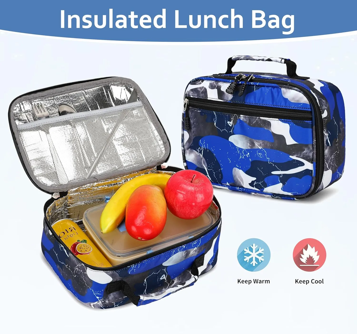 Boys Backpack with Lunch Box, Camo Kids Backpacks for Boys Elementary Middle School Bag Bookbag Outdoor Travel Back Pack (Camo Blue Set, Small)