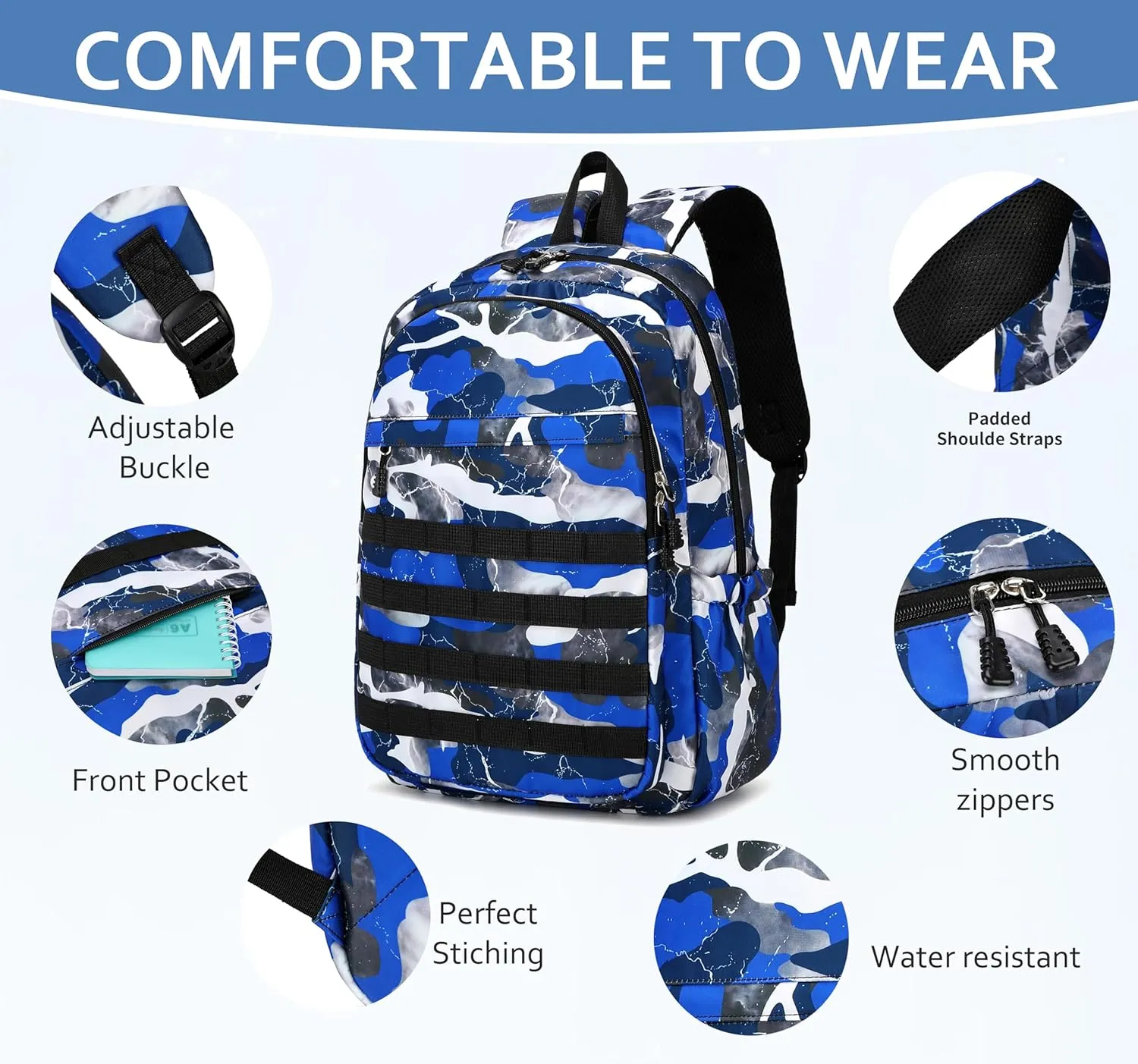 Boys Backpack with Lunch Box, Camo Kids Backpacks for Boys Elementary Middle School Bag Bookbag Outdoor Travel Back Pack (Camo Blue Set, Small)