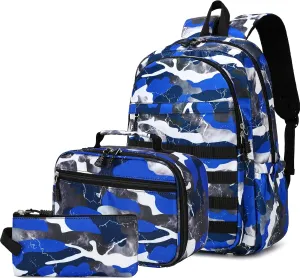 Boys Backpack with Lunch Box, Camo Kids Backpacks for Boys Elementary Middle School Bag Bookbag Outdoor Travel Back Pack (Camo Blue Set, Small)