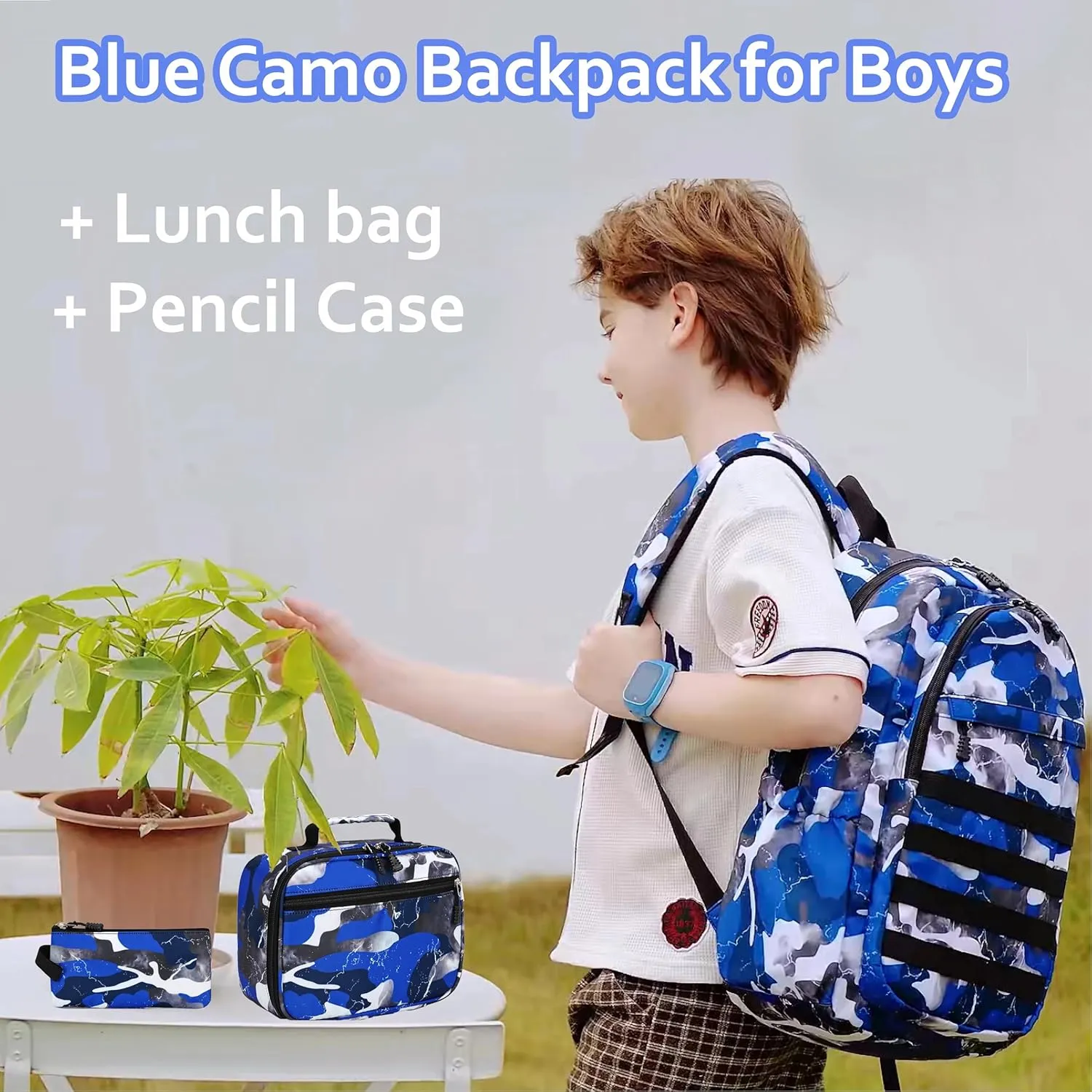 Boys Backpack with Lunch Box, Camo Kids Backpacks for Boys Elementary Middle School Bag Bookbag Outdoor Travel Back Pack (Camo Blue Set, Small)