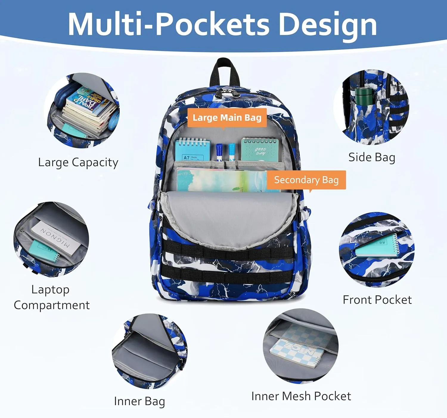 Boys Backpack with Lunch Box, Camo Kids Backpacks for Boys Elementary Middle School Bag Bookbag Outdoor Travel Back Pack (Camo Blue Set, Small)