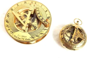 Brass Sundial Compass with Push Button, Vintage Style Pocket Navigation Tool, Golden Polish