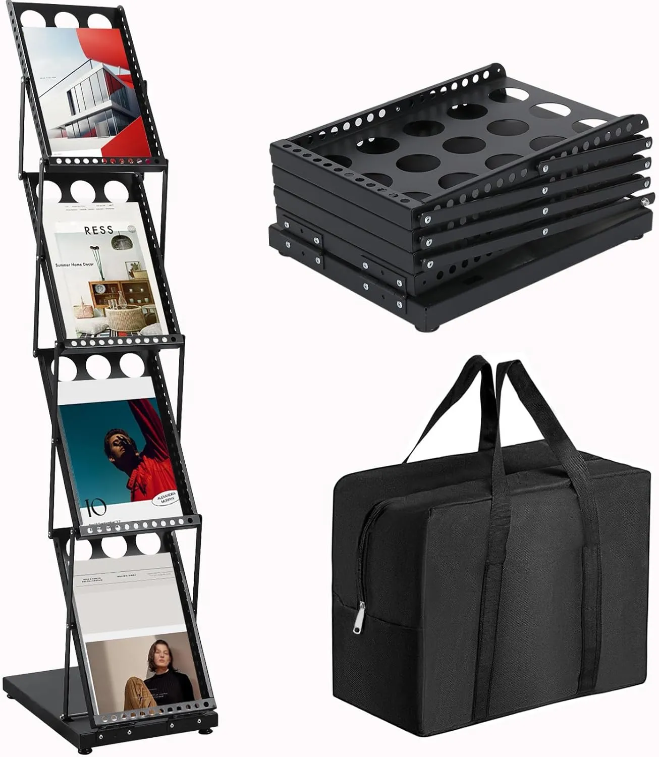 Brochure Display Stand Foldable Magazine Rack, Metal Brochure Holder Literature Rack with Carrying Bag, 4 Pockets Literature Stand for Exhibition Trade Show and Office Retail Store, Black