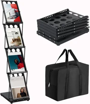 Brochure Display Stand Foldable Magazine Rack, Metal Brochure Holder Literature Rack with Carrying Bag, 4 Pockets Literature Stand for Exhibition Trade Show and Office Retail Store, Black