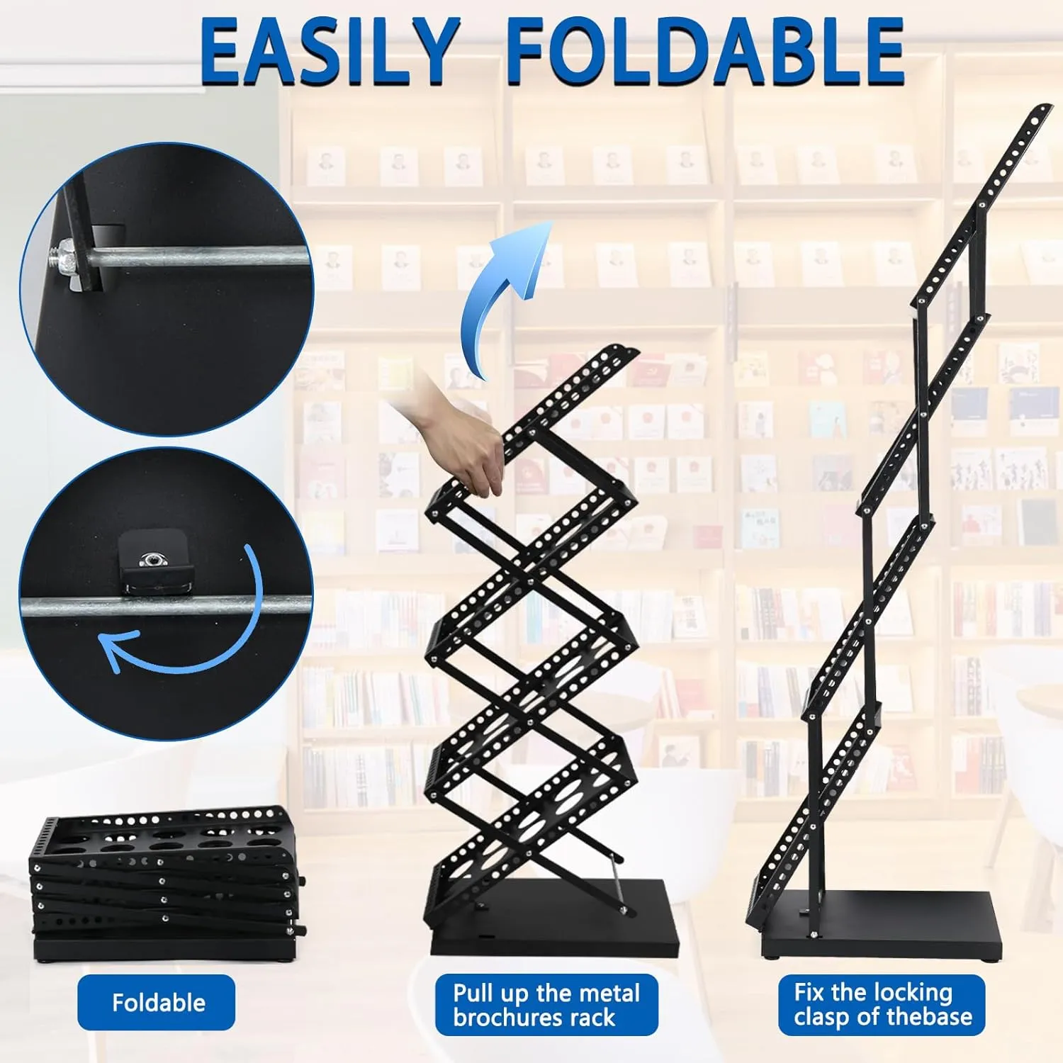 Brochure Display Stand Foldable Magazine Rack, Metal Brochure Holder Literature Rack with Carrying Bag, 4 Pockets Literature Stand for Exhibition Trade Show and Office Retail Store, Black