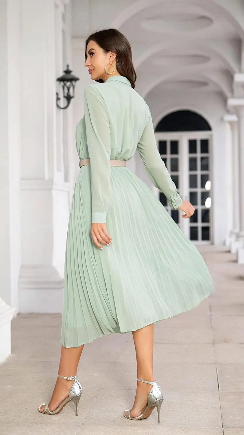Business Casual Shirt Dress for Women Long Sleeves Pleated Midi Dresses with Belt