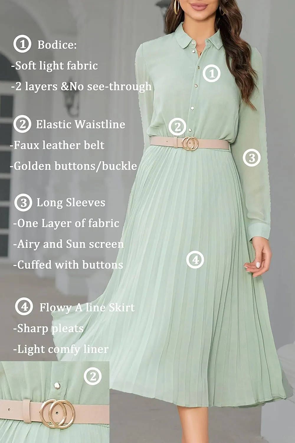 Business Casual Shirt Dress for Women Long Sleeves Pleated Midi Dresses with Belt