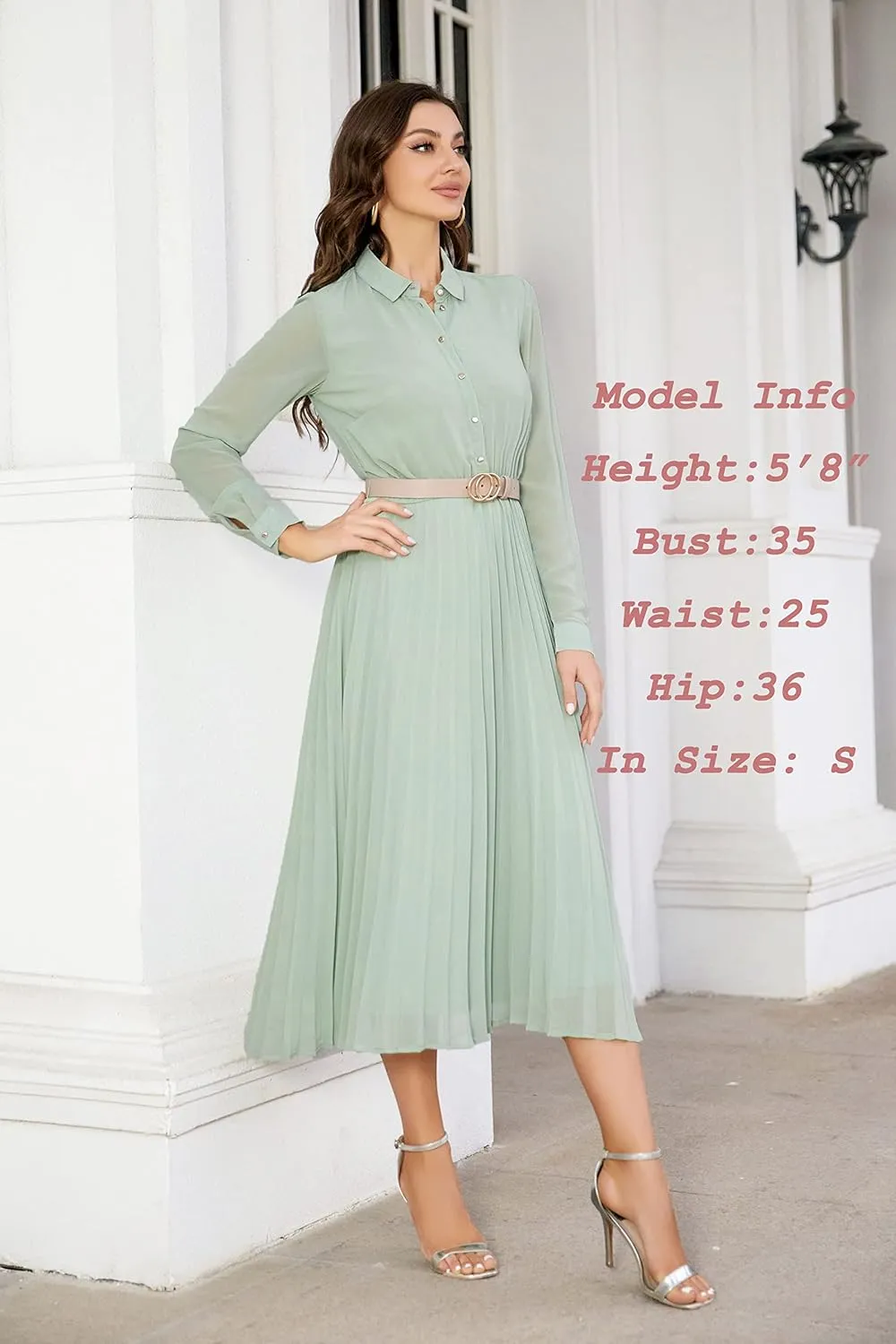 Business Casual Shirt Dress for Women Long Sleeves Pleated Midi Dresses with Belt