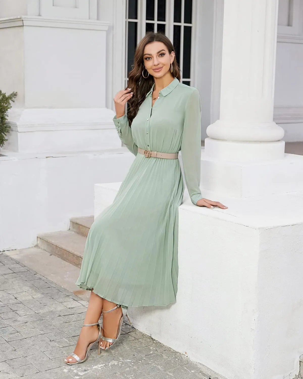 Business Casual Shirt Dress for Women Long Sleeves Pleated Midi Dresses with Belt
