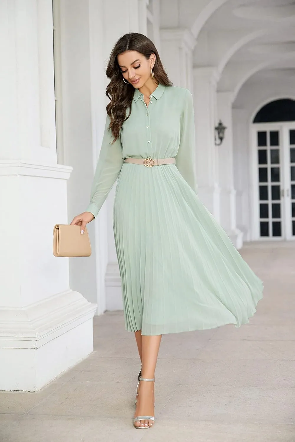 Business Casual Shirt Dress for Women Long Sleeves Pleated Midi Dresses with Belt