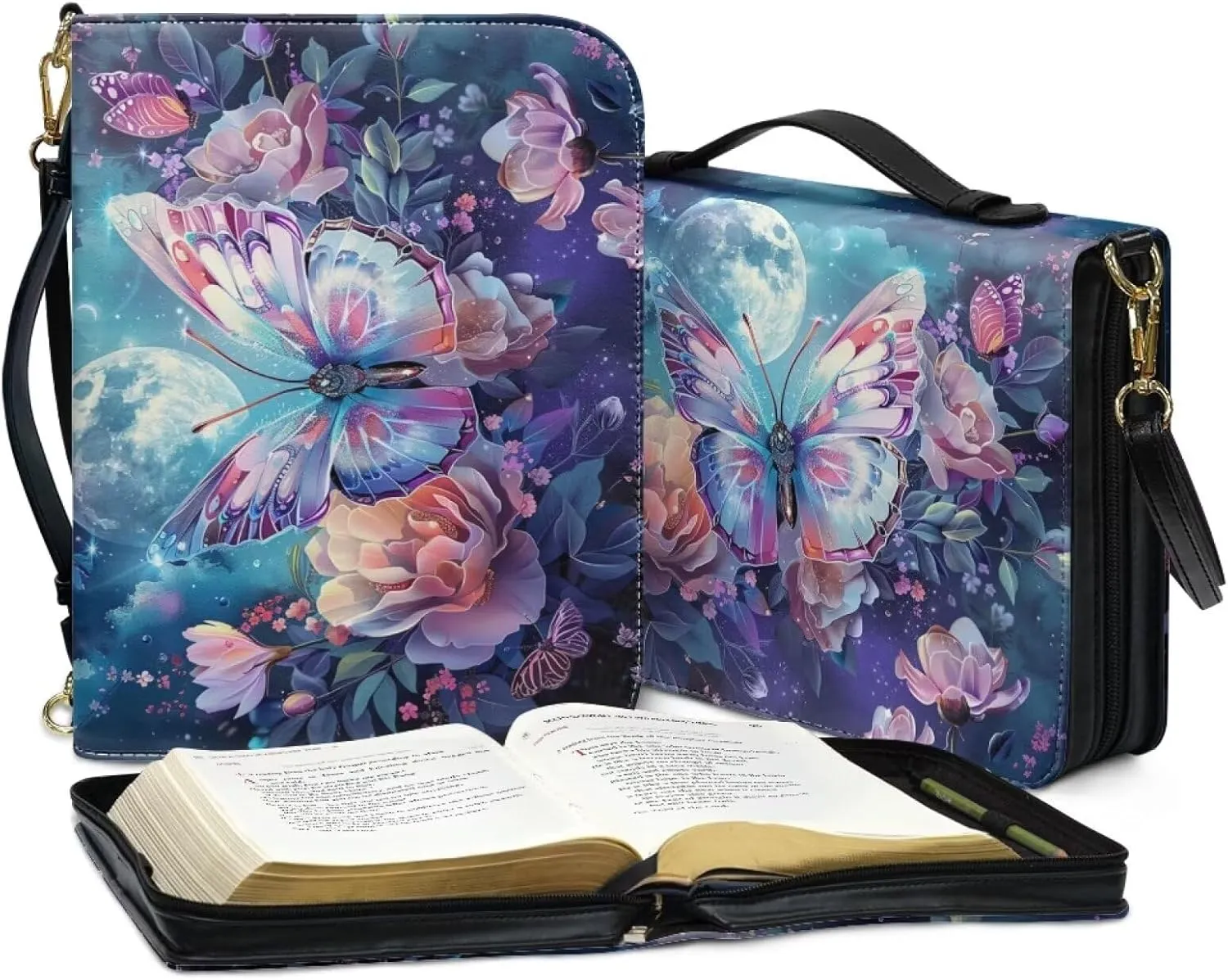 Butterfly Bible Tote Bag for Women Leather, Floral Portable Bible Book Cover with Shoulder Strap, Moon Large Bible Cover Case with Pen Slots, Christian Gifts, Blue and Purple, L