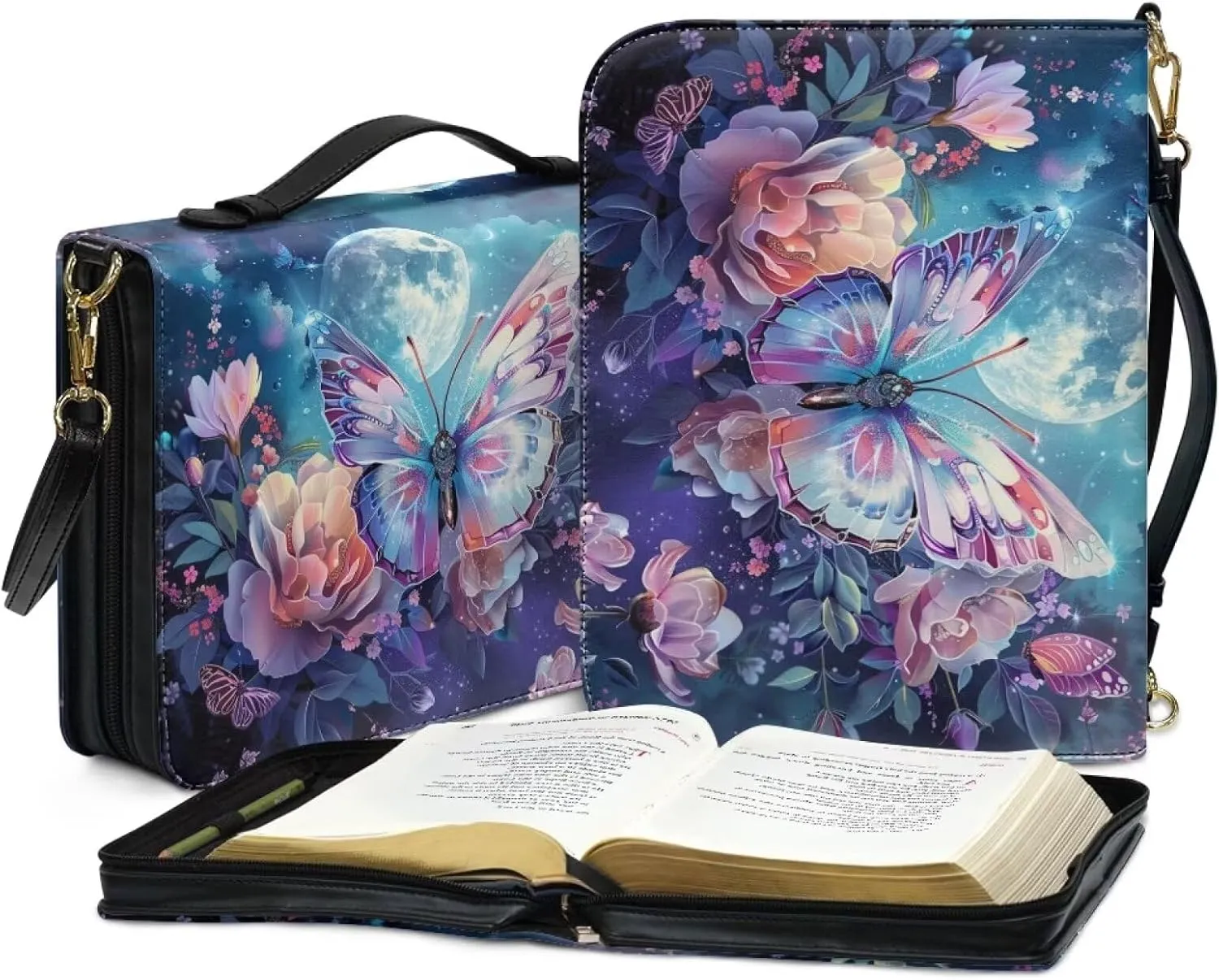 Butterfly Bible Tote Bag for Women Leather, Floral Portable Bible Book Cover with Shoulder Strap, Moon Large Bible Cover Case with Pen Slots, Christian Gifts, Blue and Purple, L