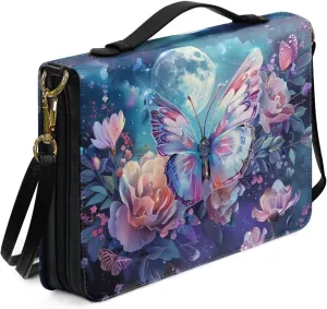 Butterfly Bible Tote Bag for Women Leather, Floral Portable Bible Book Cover with Shoulder Strap, Moon Large Bible Cover Case with Pen Slots, Christian Gifts, Blue and Purple, L